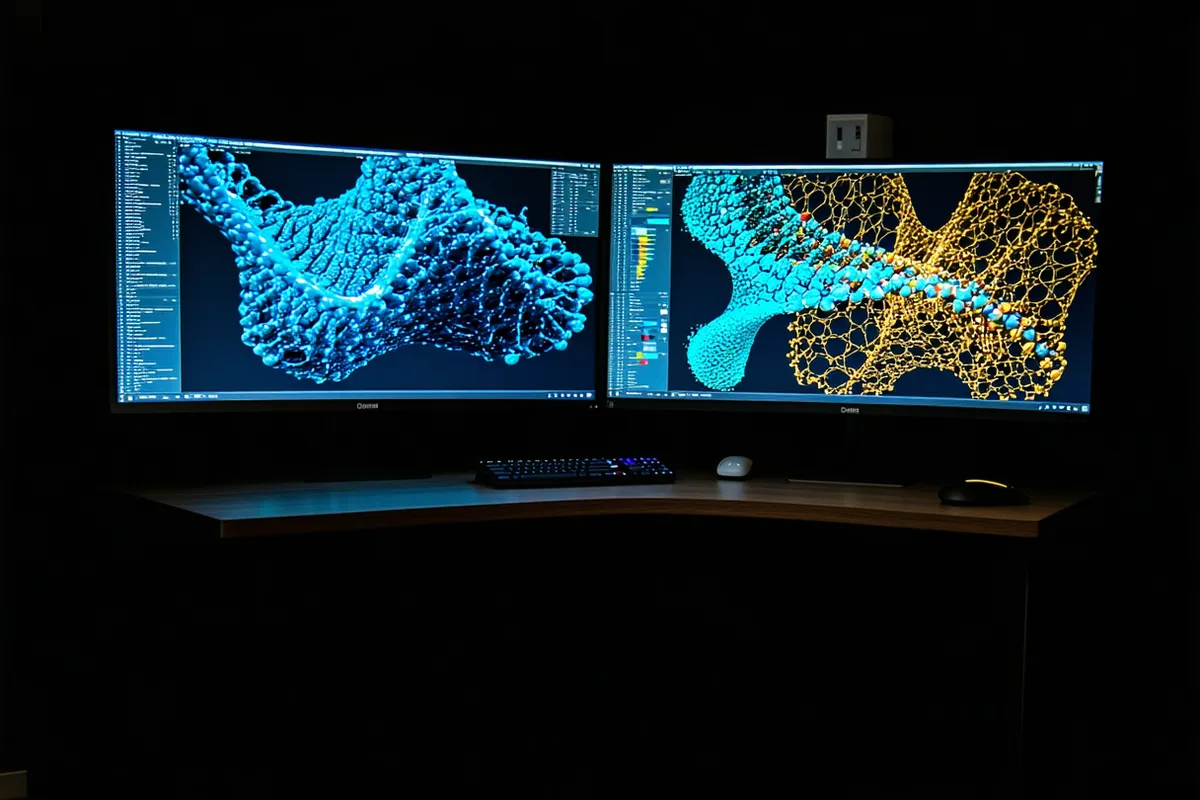 Abstract computational research environment — dual monitor setup showing molecular visualization data, dark ambient lighting, precision scientific atmosphere