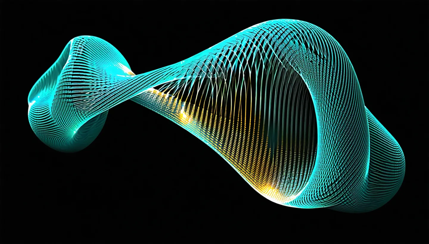 Abstract 3D rendering of a protein-protein interaction interface surface with luminous binding-pocket topology on a deep teal-black background