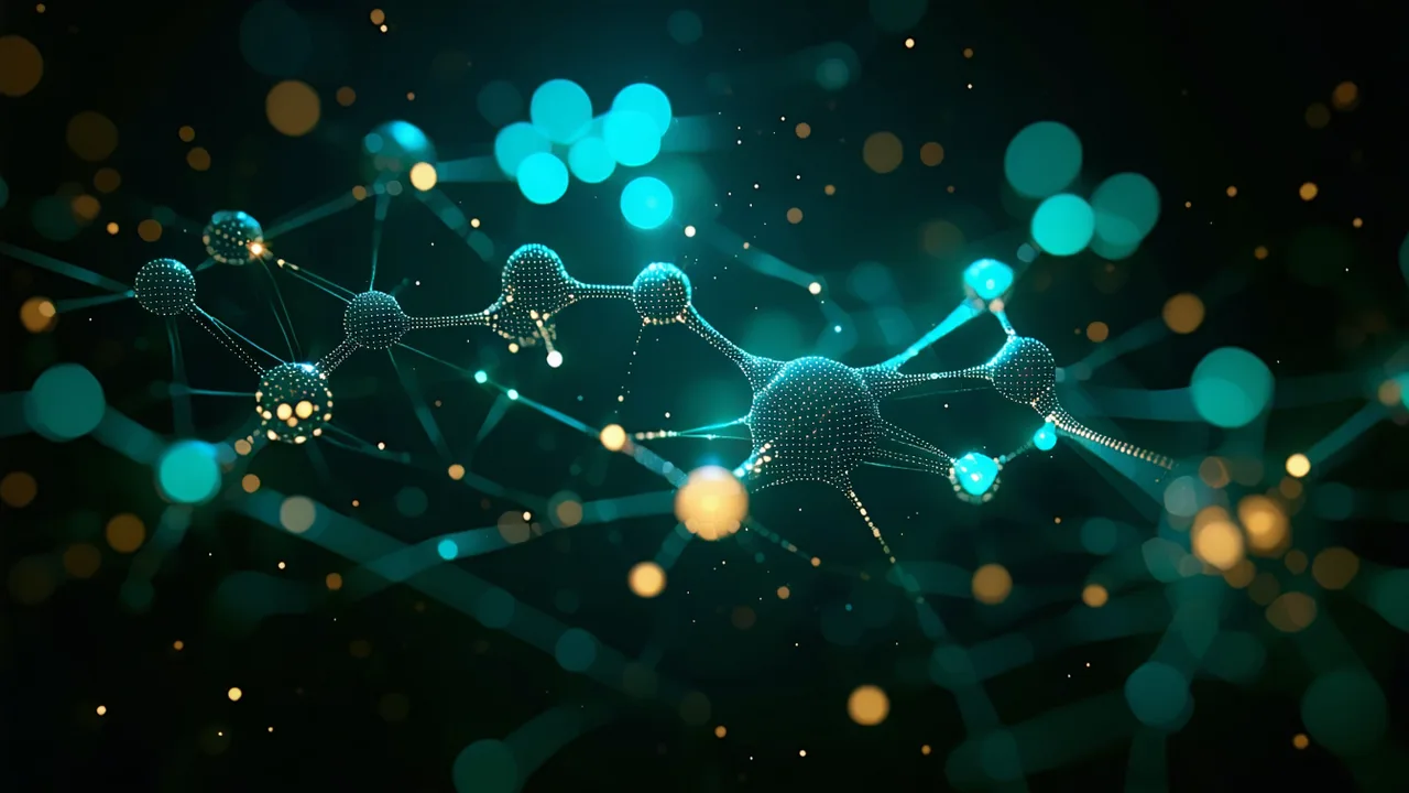 Abstract representation of oncology protein interaction network targets — molecular nodes connected in a luminous network graph on a dark scientific background